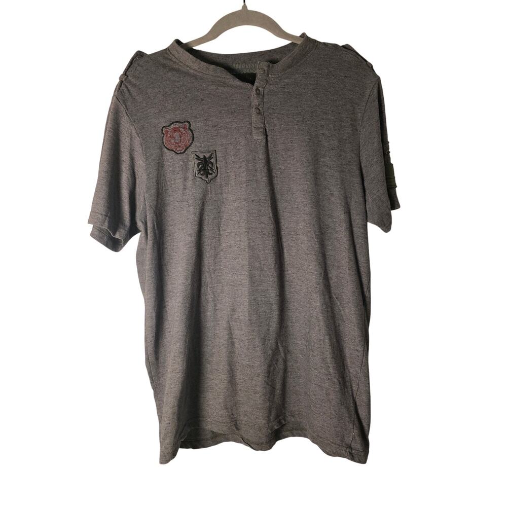 Men's Large Gray Henley Shirt Long Sleeve Patch Pocket Casual Grunge Indie Top